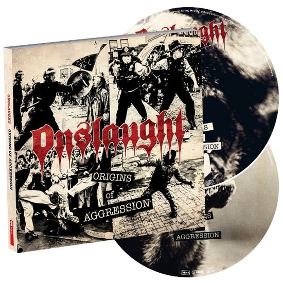 Boek met cd's 'Onslaught Origins of Aggression'. Collage van vechtende mensen, politie, met rode belettering.