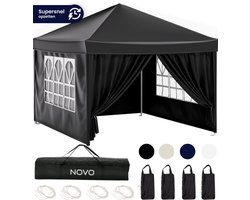 NOVO® Quik Partytent met Zijwanden – Opvouwbaar Paviljoen - Easy Up – 3x3m – Waterdicht – Verstelbare Hoogte - Zwart