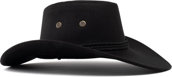 KIMU Cowboyhoed Zwart Suedelook - Zwarte PU Suede Cowboy Western Hoed Touw Dames Heren - Cowgirl Ranger Yellowstone Carnaval
