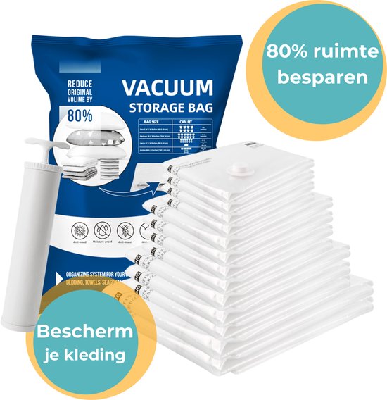 Vacuumzakken Kleding & Dekbedden - Vacumeerzakken - 13 stuks / 4 maten - Incl. Handpomp & Sluitclip - Herbruikbaar - Reiszakken voor koffer - Vacuum Opbergzakken - Compressiezakken - Vacuum Bags