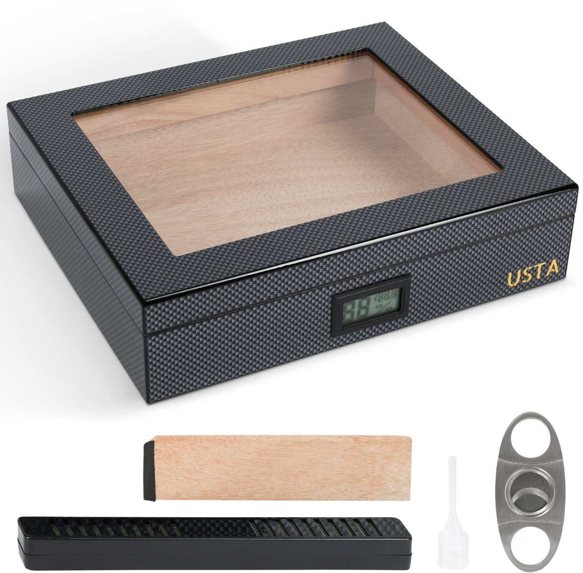 Goedkoopste Usta - Humidor - Luxe Sigarendoos met Digitaal Hygrometer – Spaans Cederhout – Inclusief Sigarenknipper & Bevochtiger – 20-30 Sigaren