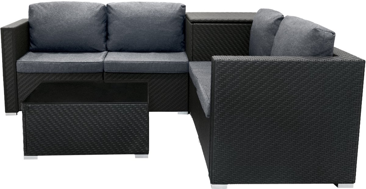 Rotan Modulaire Tuinmeubelen | 6-Delige Set, Zwart, 4-Zits Zitbank, Sectionele Stoelen met Kussens, Salontafel met Glazen Blad, 250L Opbergkist, Wasbare Waterdichte Regenhoes, Buiten, Terras
