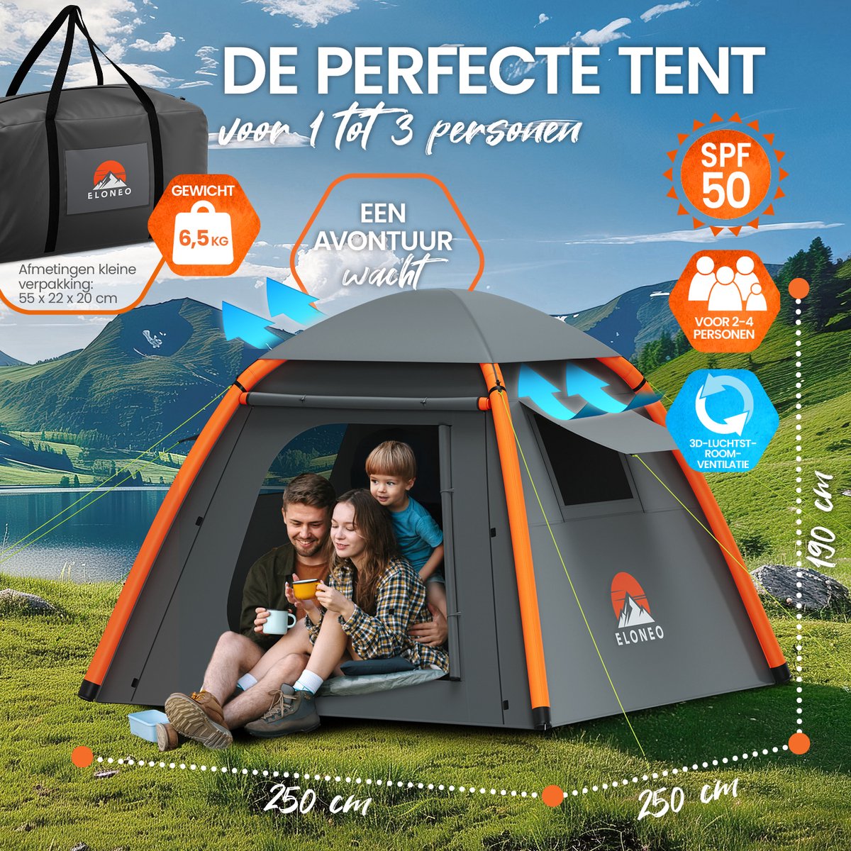 ELONEO Opblaasbare Camping Tent voor 2–4 Personen met Luifel, 250x250x190cm – foto 7