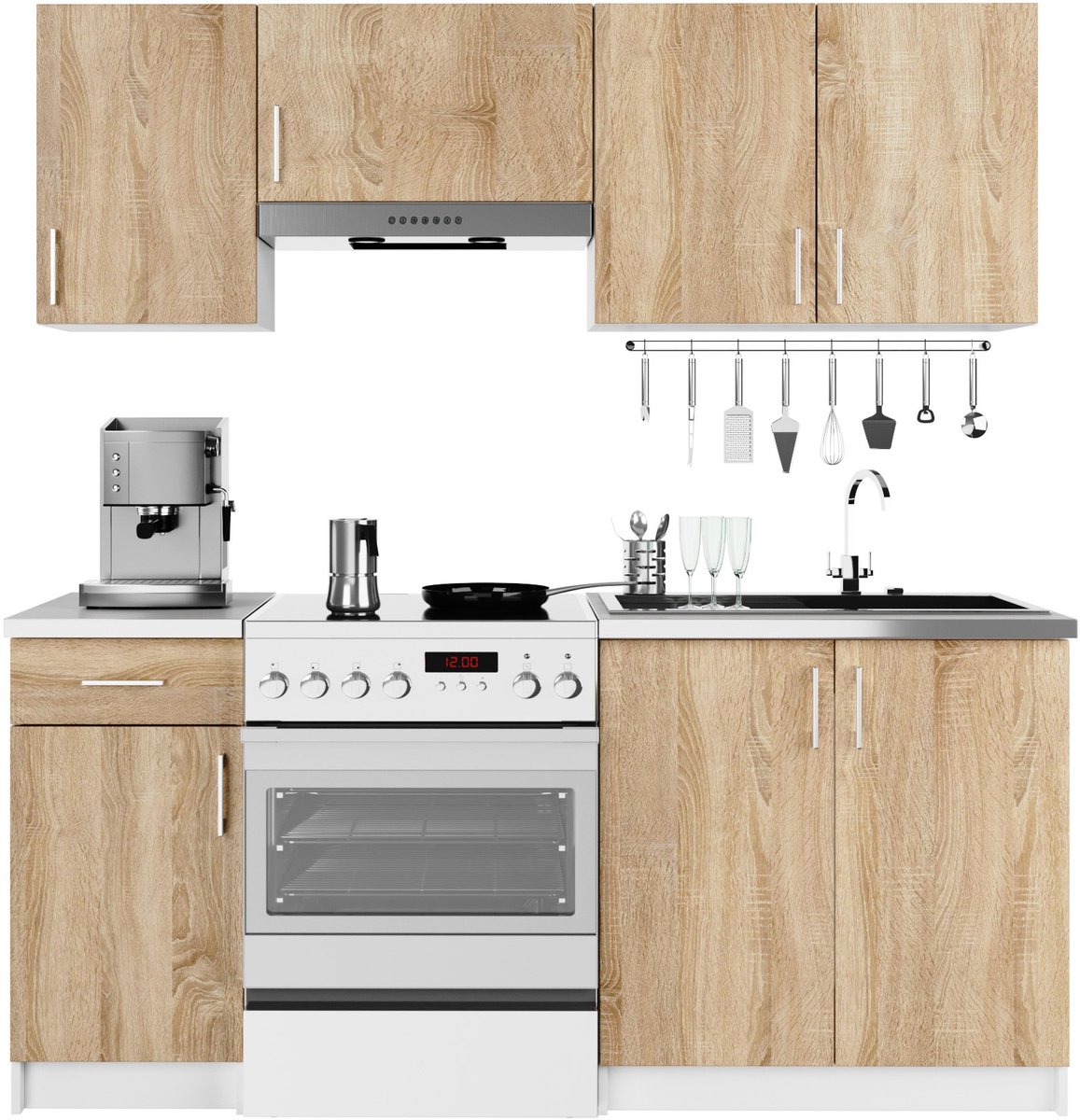 Complete Keuken, Keukenmeubelset LIMA 180 cm breed / Keukeneenheid zonder apparatuur / Wit – Sonoma Eik / 180 x 203 x 44,5 cm