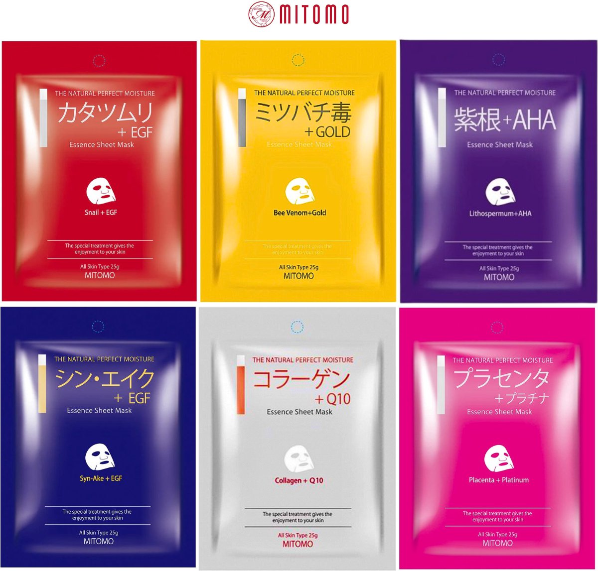 Mitomo Premium Selected Gezichtsmasker Set - Face Mask Anti-Aging Hydraterend en Herstellend - Japanse Huidverzorging Sheet mask - 6 x 25g