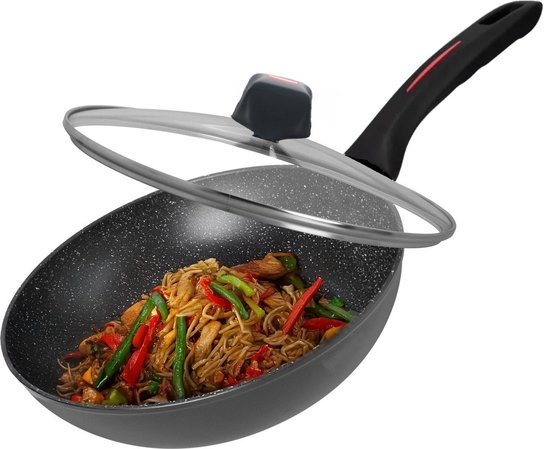 Poêle Wok Induction Royalty Line® FWN30 - Ø 30 cm - Woks Tous Feux - Revêtement Antiadhésif - Wok avec Couvercle - Zwart
