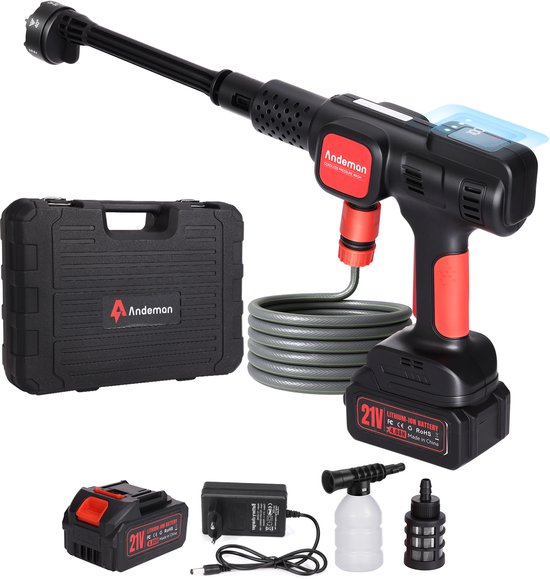 Accu Hogedrukreiniger 75 bar - Mobiele Reiniger met 4 Drukniveaus, Borstelloze Motor, LCD Display & 6-in-1 Spuitmond, Inclusief 1x 3.0Ah Accu