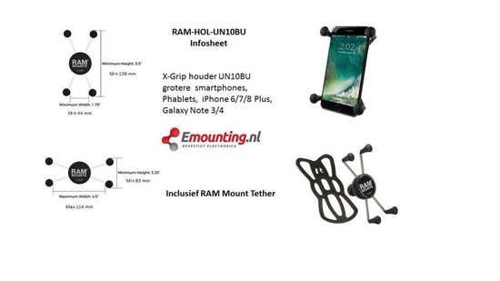 Infoblad van RAM-HOL-UN10BU X-Grip houder. Toont afmetingen en compatibiliteit met iPhones, Phablets en Galaxy Note.