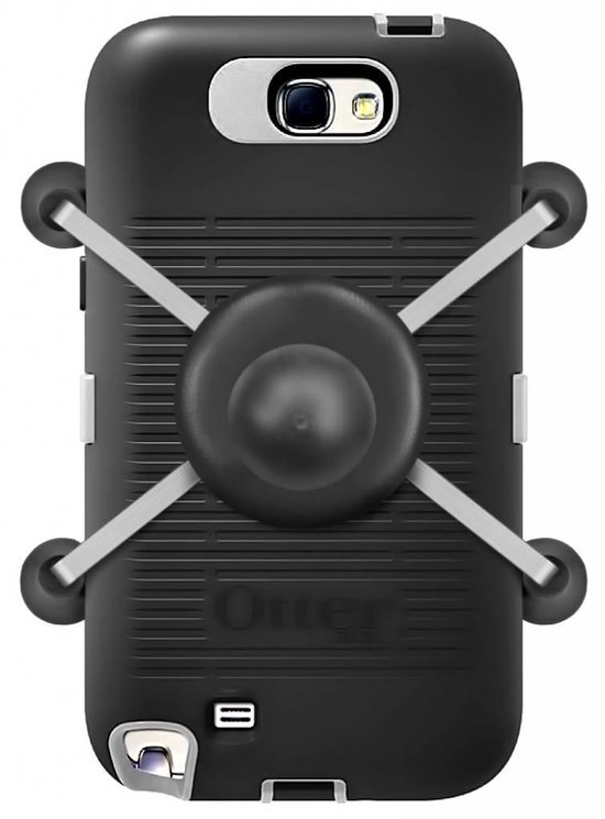 Zwarte Otterbox telefoonhoes met daarop een zwarte RAM Mount X-Grip houder.