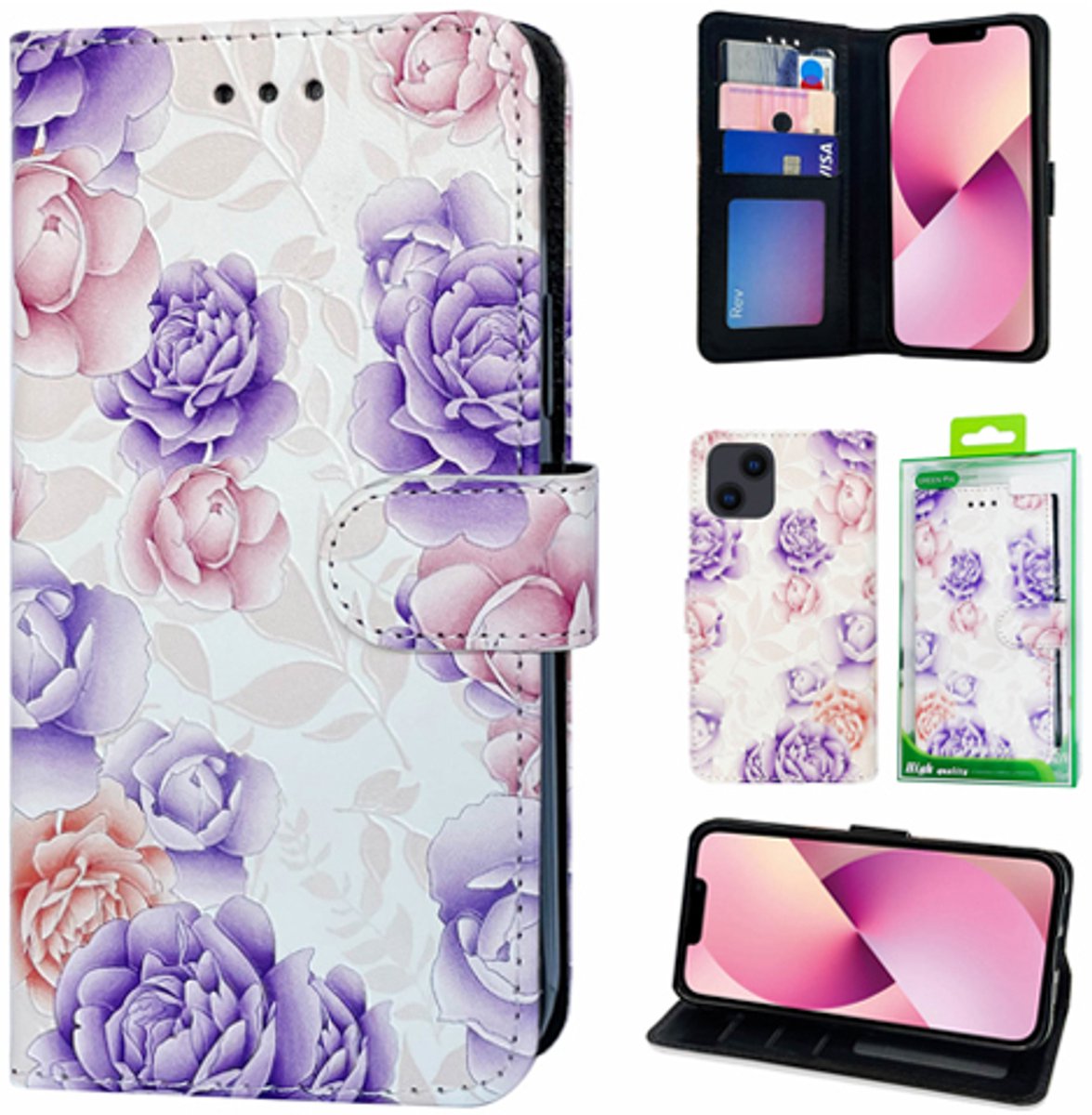 Telefoonhoesje Geschikt voor iPhone 16 - Book Case - Bloemen Printje - Ruimte voor 3 pasjes