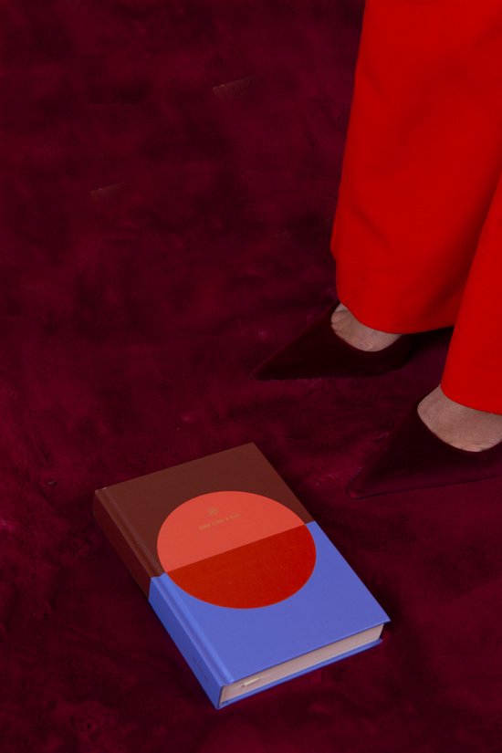 Een bruin boek met blauwe en rode cirkel op een rood tapijt, naast rode broekspijpen en donkere schoenen.