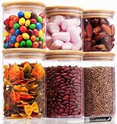 Set de 6 Bocaux de conservation en Verres avec couvercle en Bamboe PolkaHome - Boîtes hermétiques pour muesli, cornflakes, sucre, pâtes - Opbergbox Cuisine - Étiquettes et crayon à craie inclus