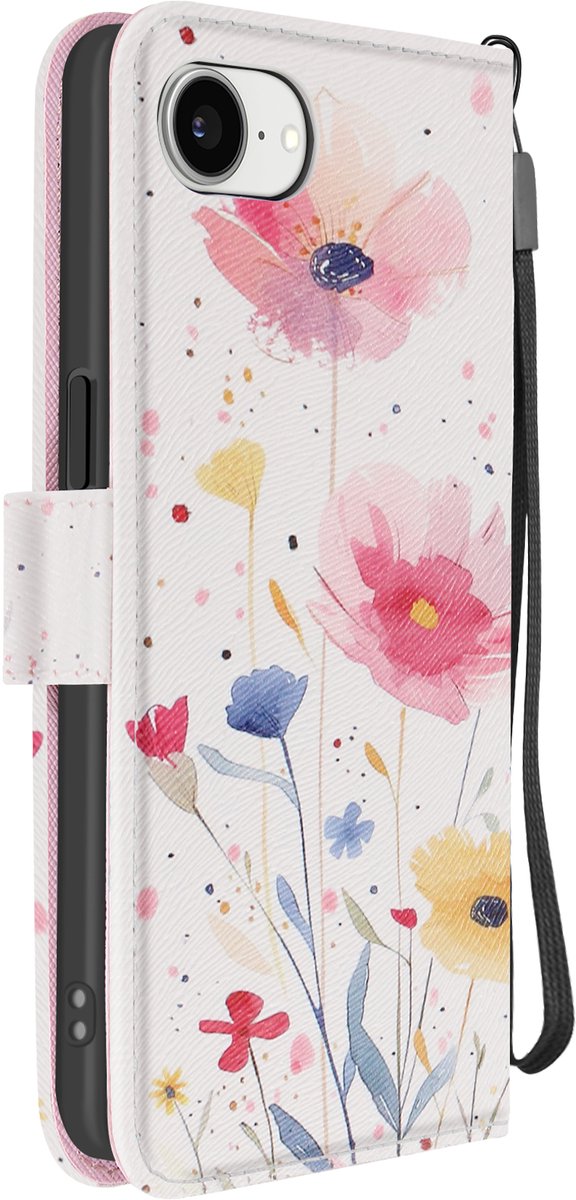 Avizar Hoesje Geschikt voor Apple iPhone 16e Floral Design met riem en kaarthouder, Wit