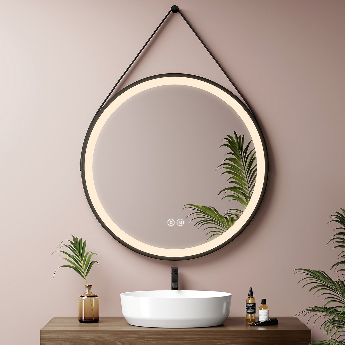 EMKE LED Wandspiegel met Ophangriem - OLM04 - Dimbaare Verlichting met 3 Lichtkleuren - 70CM - IP44 Hangspiegel voor Badkamer Slaapkamer & Hal