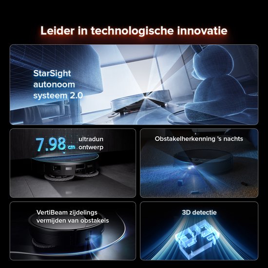Illustratie van Roborock's StarSight autonoom systeem 2.0, ultraslank ontwerp en obstakelherkenning.