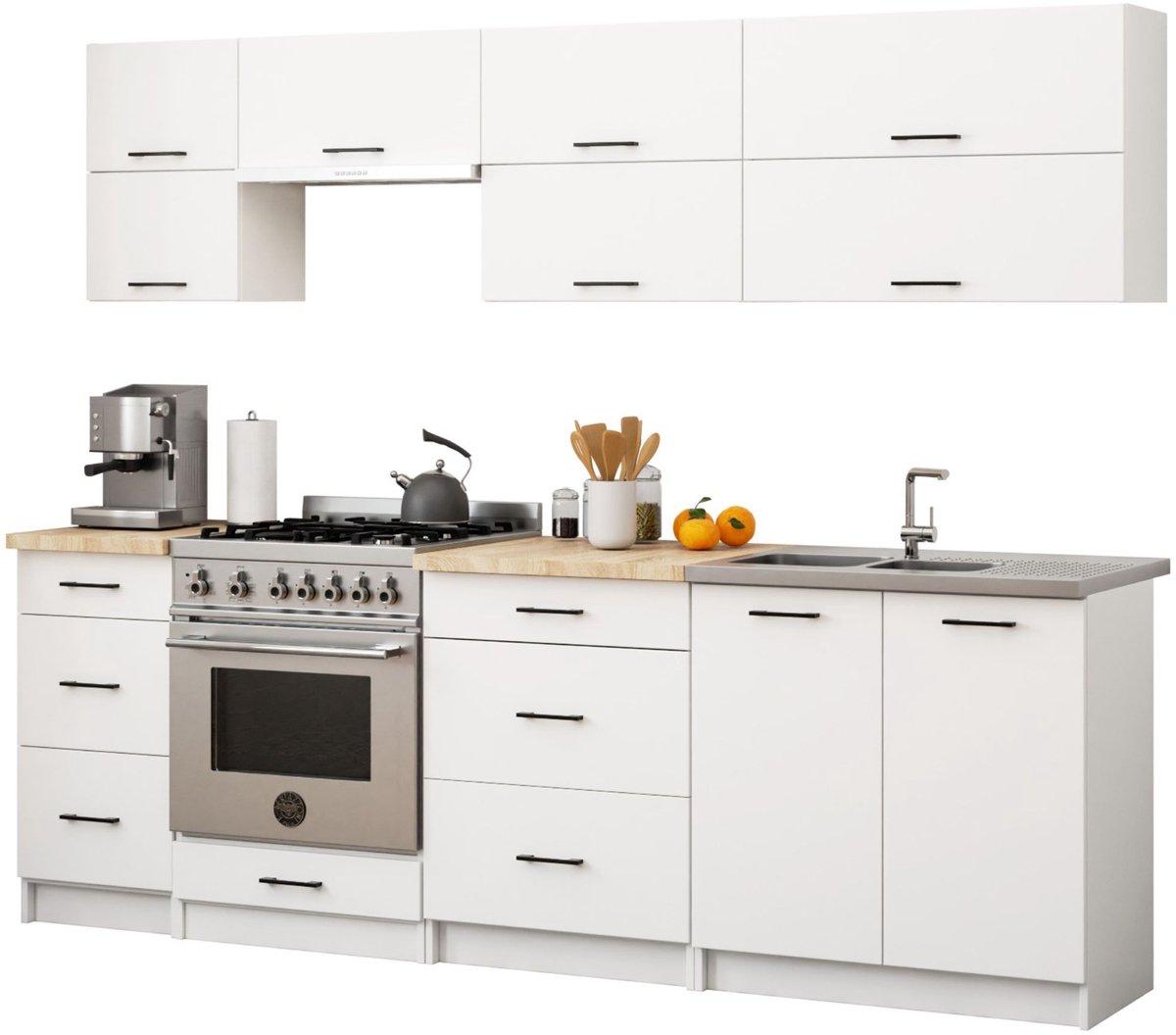 Complete Keuken, Keukenmeubelset OLIWIA G2 met Verkblad 240 cm breed / Keukeneenheid zonder apparatuur / Wit / 240 x 203 x 46 cm