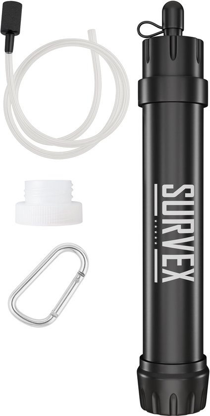SURVEX Personal Water Filter Straw – Filtert 4000L – Waterfilter Survival & Outdoor – BPA-vrij – Noodpakket voor Thuis – Complete Set Waterzuiveringsapparaat – Drinkfles Waterzuivering Outdoor – Waterfles voor Overlevingspakket – Zwart