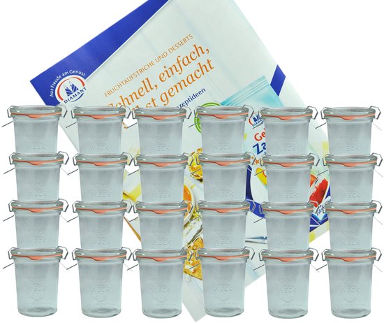 Set van 24 Weck potten van 160 ml met 24 glazen deksels, 24 inmaakringen en 48 klemmen incl. Diamant-Zucker Gelierzauber receptenboekje
