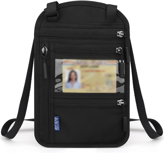 Rainbecom – Anti-diefstal Nektasje met RFID-bescherming – Paspoorthoes Organizer – Veiligheidstas voor Reizen – Uniseks Schoudertas met Verstelbare Band – Paspoorthouder – Reisportemonnee – Borsttas – Heuptas Crossbody – Telefoontasje – Zwart