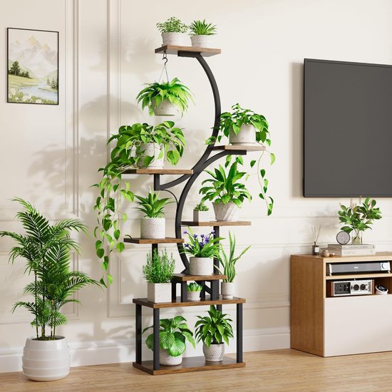 MYMULIKE Houten Metalen Plantenstandaard, 5 Etages, Voor Binnen En Buiten 94 Cm Hoek Bloemenrek Plantenrek Voor Meerdere P Aanbieding 40493315