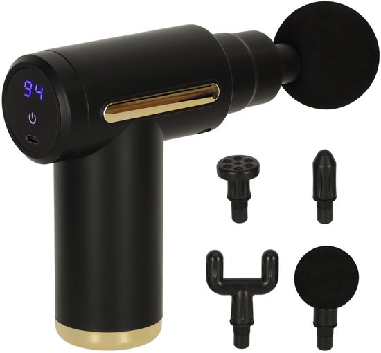 MOZY® - Massage Gun - met 4 Opzetstukken - voor het Hele Lichaam - 99 Snelheden - Zwart / Goud - Reismodel - Draadloos - USB Opladen - Massage Apparaat - Massage Pistool