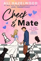 Boekcover met de titel 'Check & Mate'. Een blonde vrouw en een mannelijke schaker houden elkaars hand vast, omringd door schaakstukken.