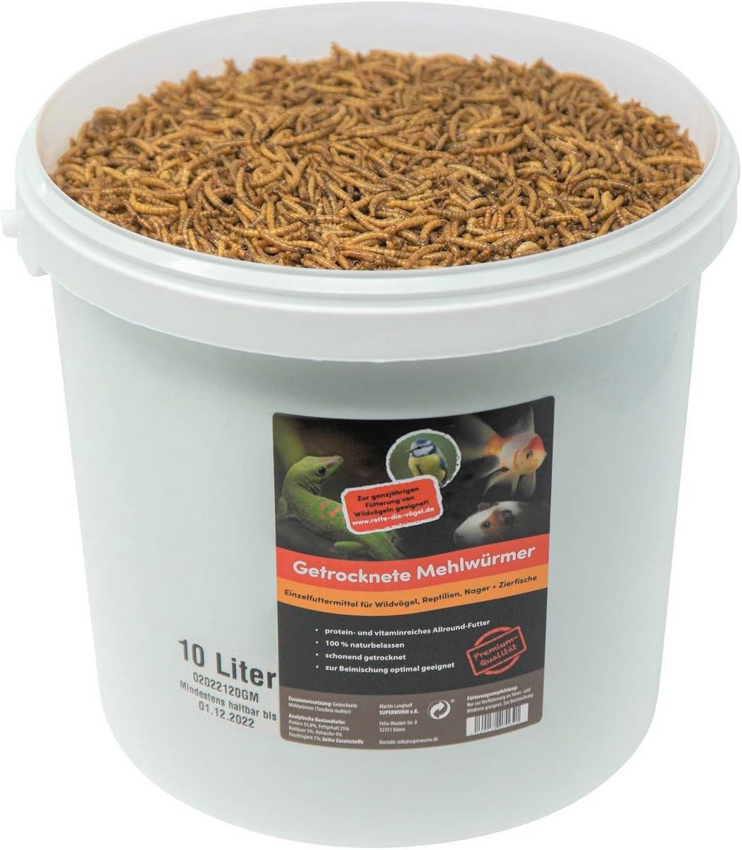 10 liter gedroogde meelwormen – Voer en snacks voor vissen, vogels, egels en knaagdieren