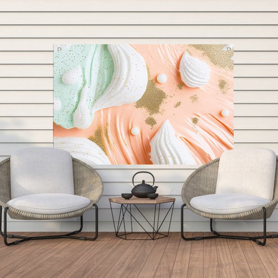 Meringue decoratie op pastel achtergrond - Desserts tuinprint - Tuinversiering meringue - Surrealistisch - Poster buiten - Wanddecoratie - tuinposter 150x100 cm