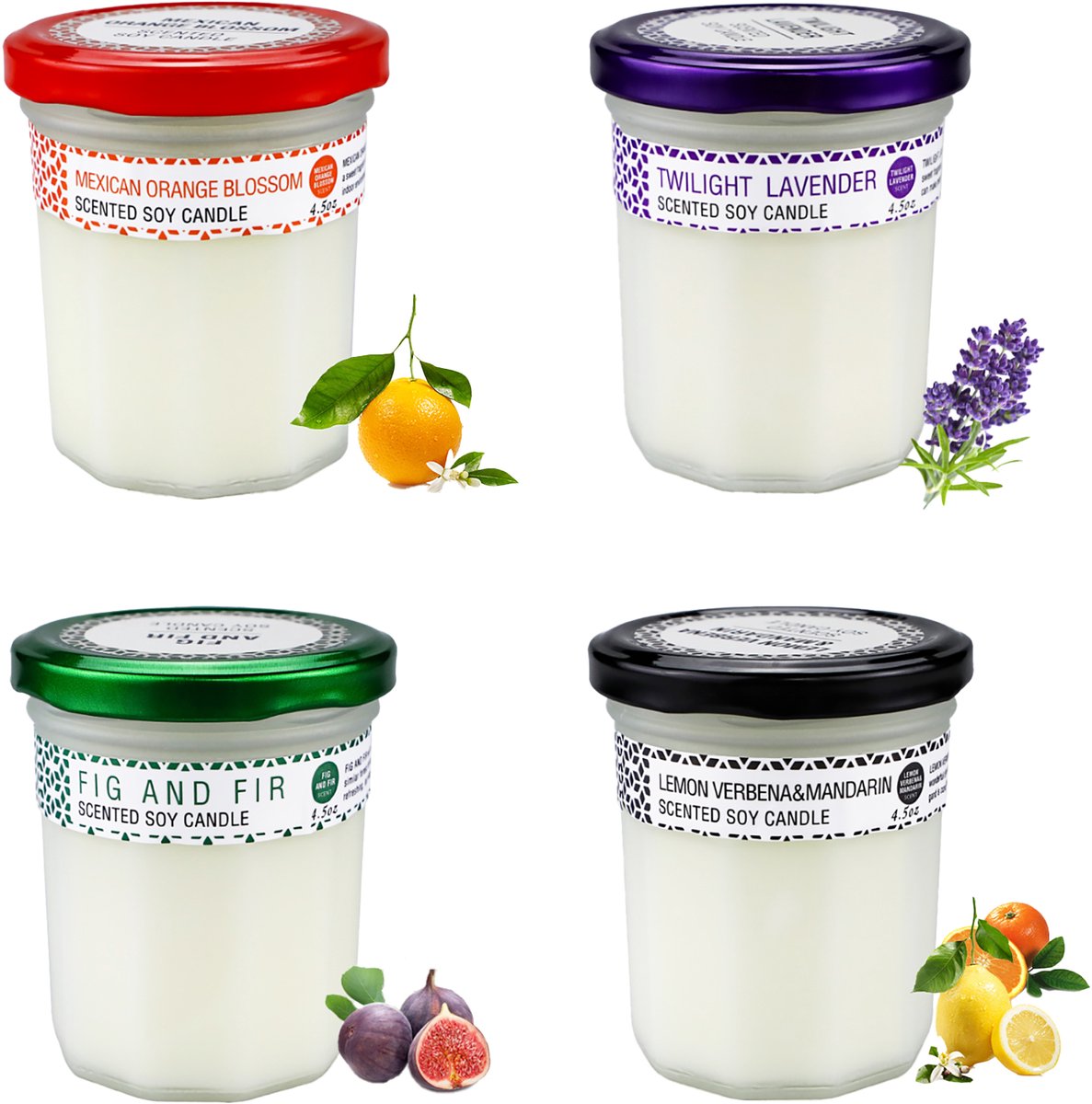 NAIZY Geurkaars Gift Set 125g 4pcs Stickers Glazen, Geurkaars Decoratie Set voor Slaapkamer, Woonkamer (Lavendel + Verbena + Oranjebloesem + Vijg)