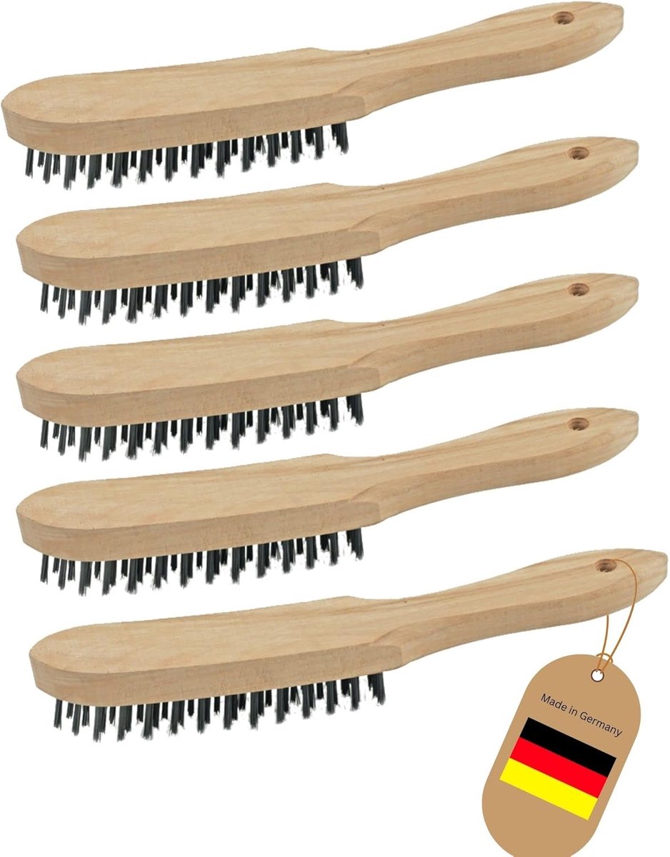 5x staalborstels I 6-rijen I 27 cm lang I met houten handvat I remklauwborstels grillborstels krasborstels metaalborstels handstaalborstelset voegenborstel onkruidborstel