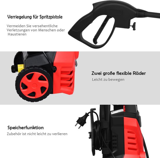 COSTWAY Hogedrukreiniger 1500W, 140 bar, 300 l/h draagbare hogedrukreiniger met Lotus-mondstuk en hogedruksproeier, langere draden en tuinslang, geschikt voor het reinigen van tuin, auto, huis (rood) van Costway — afbeelding 4