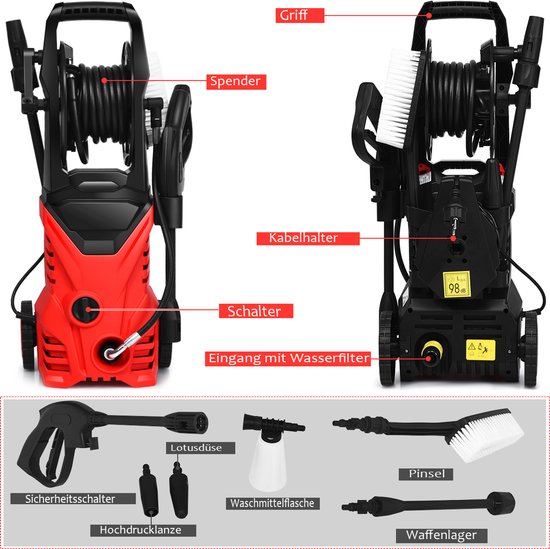 COSTWAY Hogedrukreiniger 1500W, 140 bar, 300 l/h draagbare hogedrukreiniger met Lotus-mondstuk en hogedruksproeier, langere draden en tuinslang, geschikt voor het reinigen van tuin, auto, huis (rood) van Costway — afbeelding 3