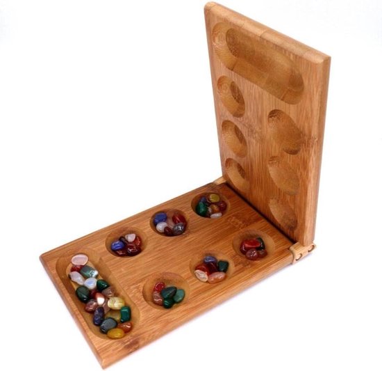 Luxe Mancala-set: Echt houten scharnierbord met 48 gemengde natuurlijke edelstenen - Authentieke Afrikaanse petrogliefen, opvouwbaar ontwerp voor 2-spelers strategiespelletje