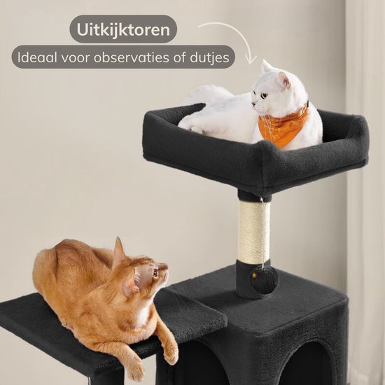 Deux chats sur les plateformes supérieures du griffoir noir de 143cm.