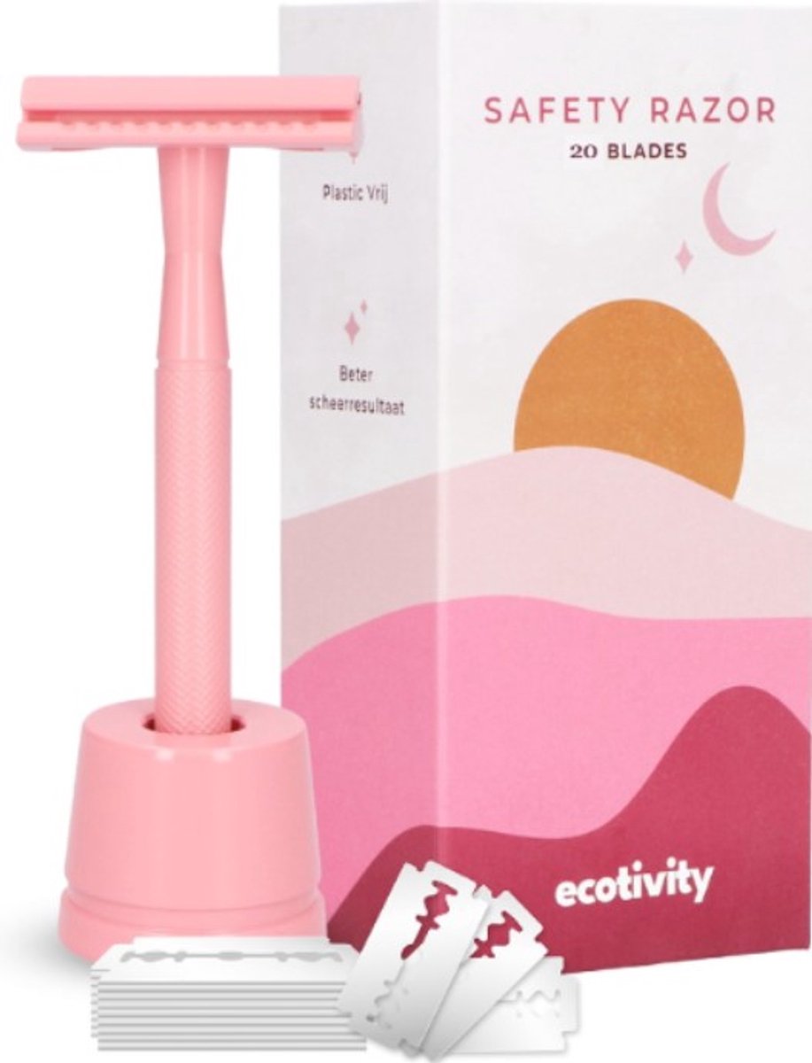 ecotivity® Safety Razor Scheermesjes voor Vrouwen met 10 Double Edge Scheermesjes - Dubbelzijdig Klassiek Scheermes met Houder - Powder Pink