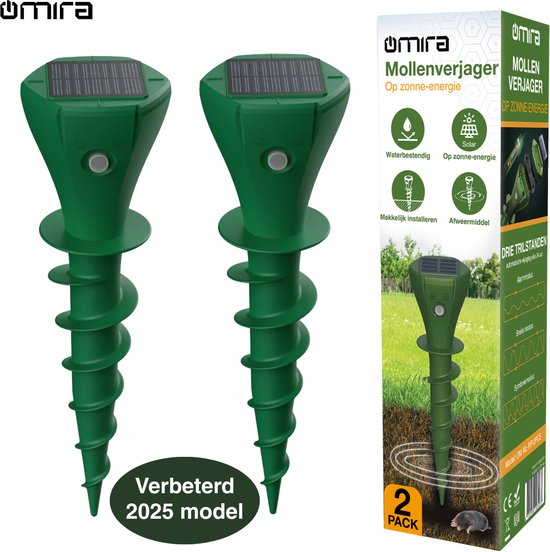 Omira Mollenverjager op Zonne Energie – 2 Stuks – IP65 Waterdicht – Mollenbestrijding – Diervriendelijke Methode - Ongedierte verjager – Mollen Verjager – Vervanger voor Mollengranulaat – Mollenverjager op Batterijen – Mollenverjager solar