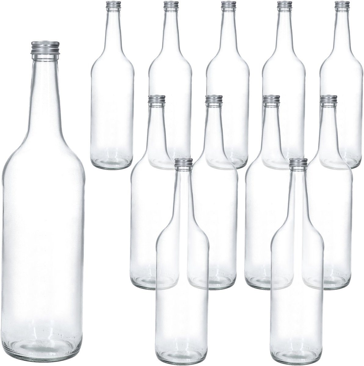 Set van 12 flessen met rechte hals 1000 ml + schroefdop PP28 zilver