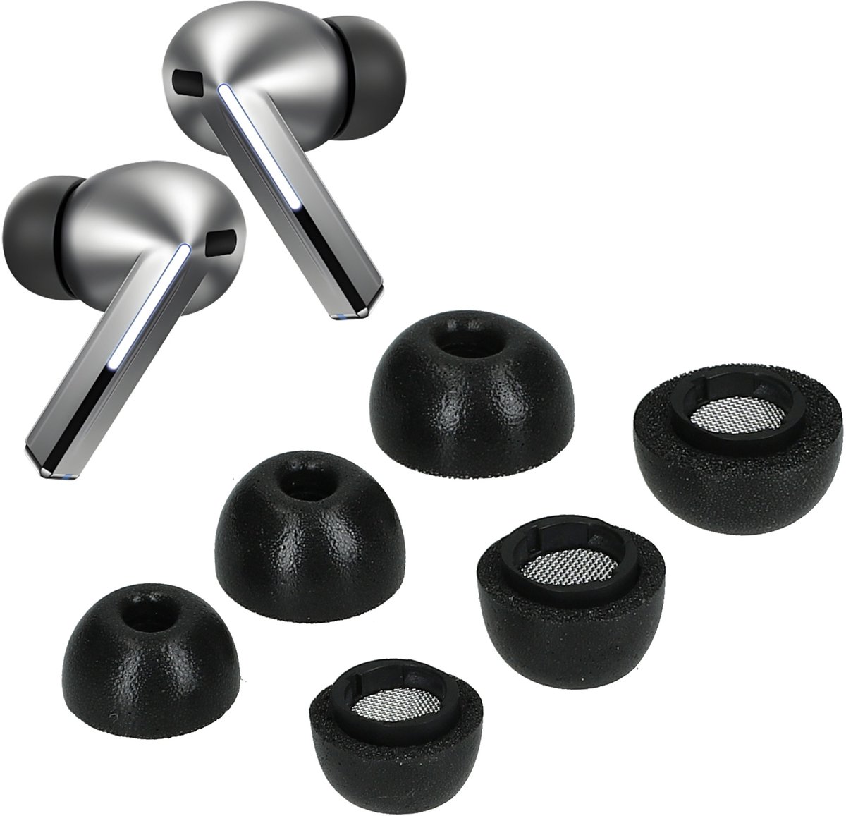 kwmobile 6x cover voor oordopjes - geschikt voor Samsung Galaxy Buds 3 Pro / Galaxy Buds 4 Pro - Van memory foam in zwart - Maat S, M en L