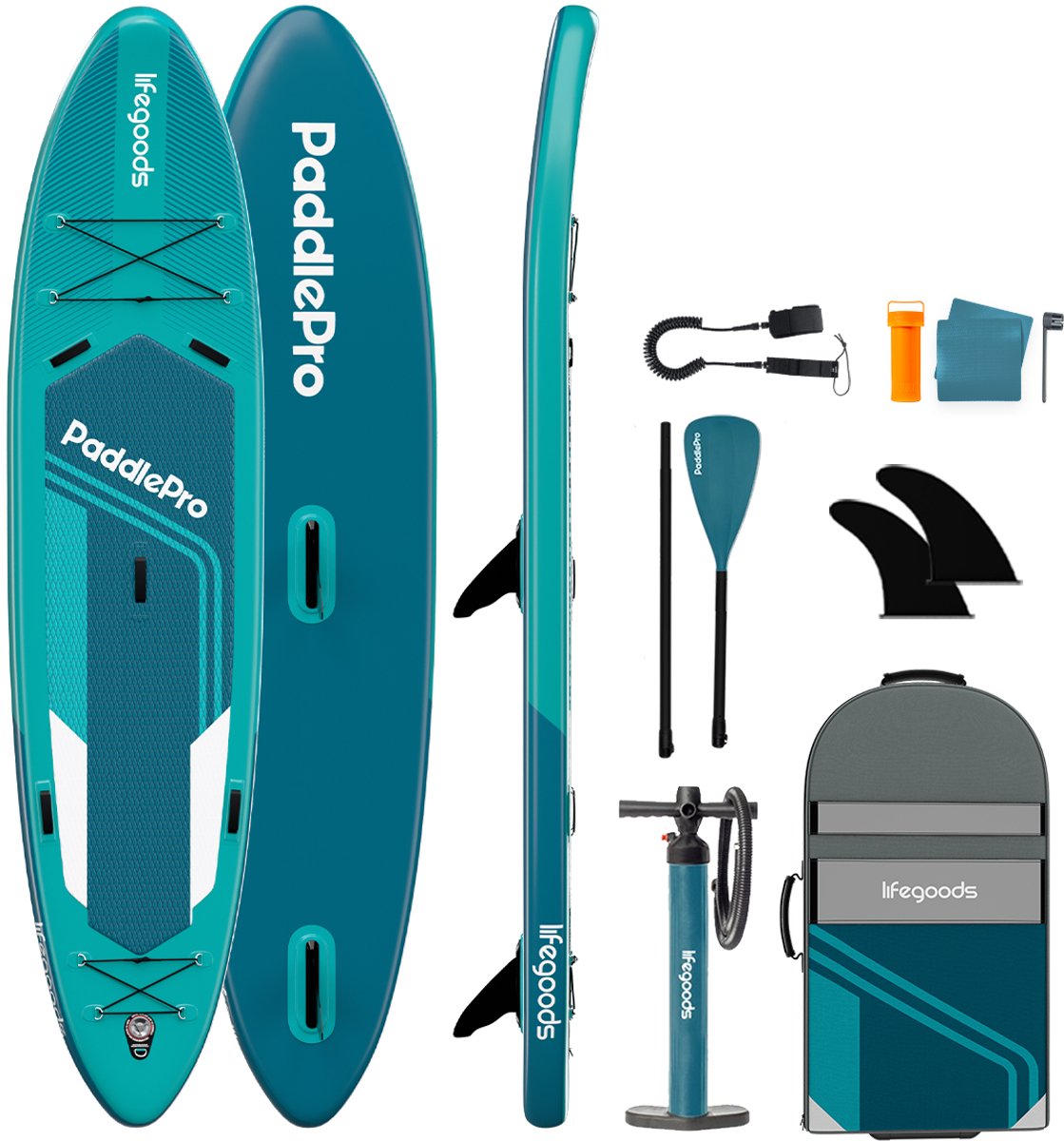 LifeGoods SUP Board Tandem - 2 Personen - 220 KG Draagkracht - 381 x 86 cm - Opblaasbaar - Compleet Sup pakket - Deep Aqua