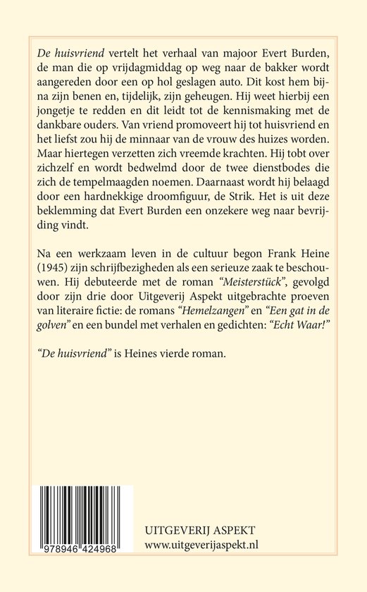 Achterflap van 'De huisvriend' met de tekst van de achterflap en een barcode.