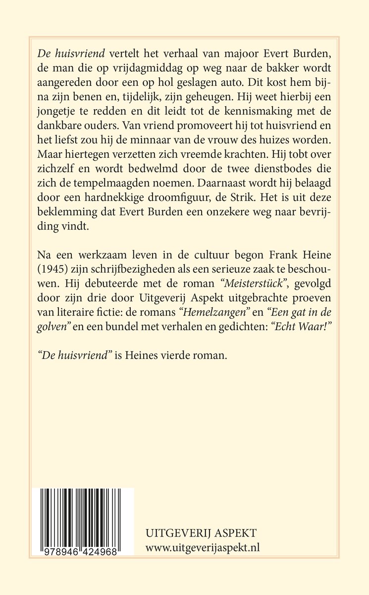 Achterflap van 'De huisvriend' met de tekst van de achterflap en een barcode.
