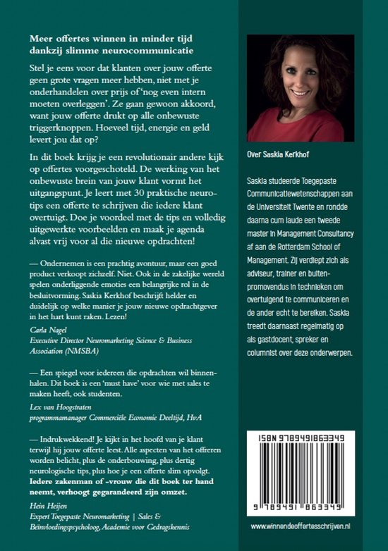 Boekomslag 'Slimmer offertes maken' met tekst en een portretfoto van Saskia Kerkhof.