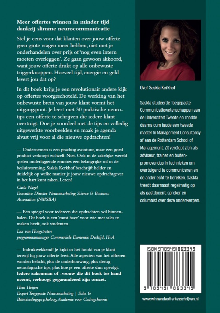 Boekomslag 'Slimmer offertes maken' met tekst en een portretfoto van Saskia Kerkhof.