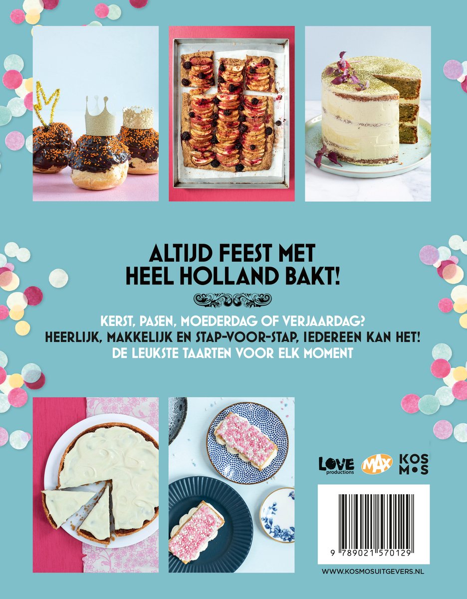 Twee gebakjes met gouden kroontjes, appeltaart met gestapelde plakjes, groene taart, witte taart met een dikke laag glazuur en twee roze koekjes met witte decoratie.
