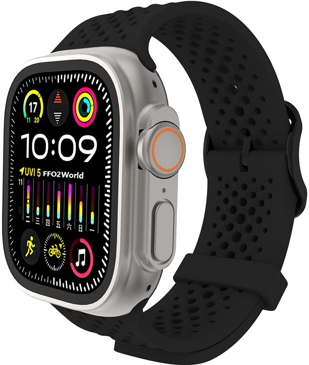 Stravo Siliconen Bandje - Geschikt voor Apple Watch 46mm (Series 10/11), 45mm (Series 7/8/9), 44mm (Series 4/5/6, SE 1/2/3), 42mm (Series 1/2/3), 49mm (Ultra 1/2/3) - Zwart - Ademend & Ideaal voor de Zomer - Ademend Siliconen Horlogebandje