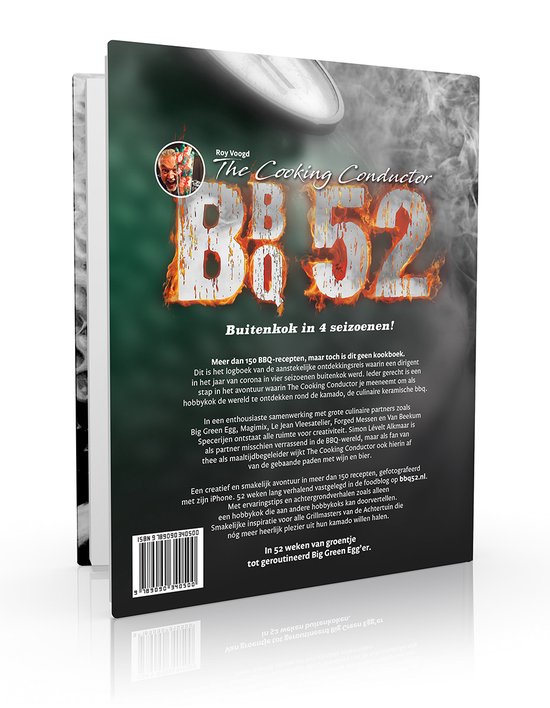 Boek "The Cooking Conductor BBQs: 52 Buiten koken in 4 seizoenen" met een groene Big Green Egg en gestileerde BBQ 52 letters op de voorkant.