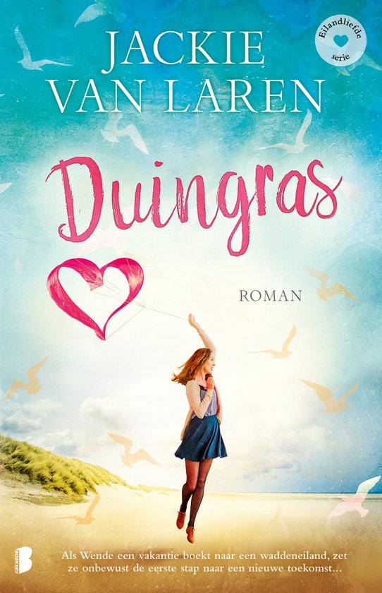 Boekcover 'Duingras' van Jackie van Laren. Vrouw met kite op strand bij zee met meeuwen.