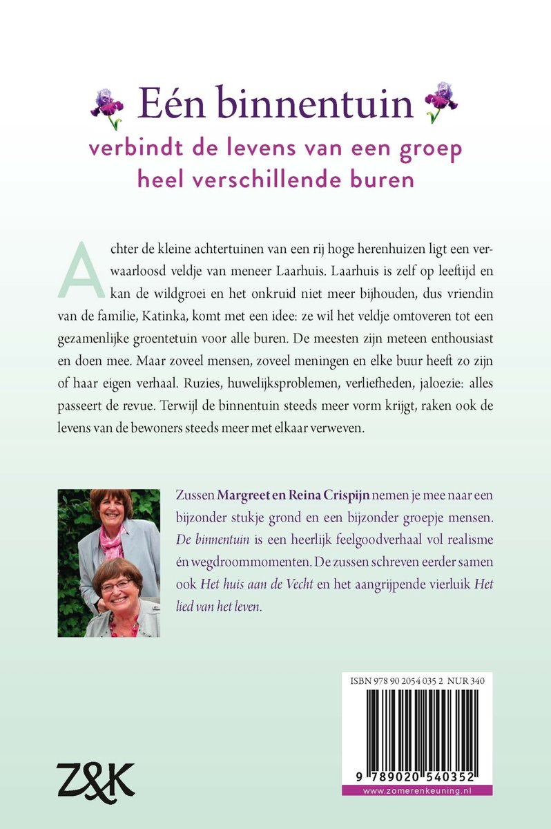 Boekomslag met titel "Eén binnentuin" en een foto van twee vrouwen.