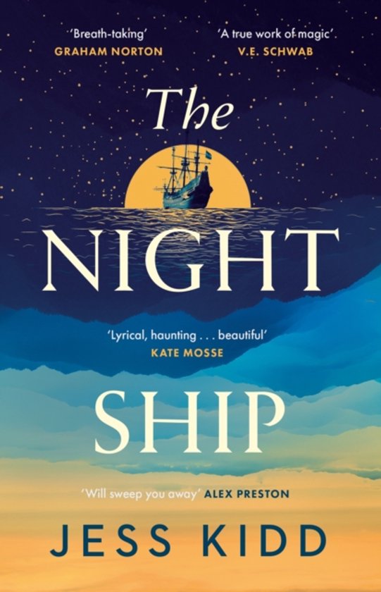 Boekomslag van 'The Night Ship' van Jess Kidd. Een schip op zee bij zonsondergang onder een sterrenhemel.
