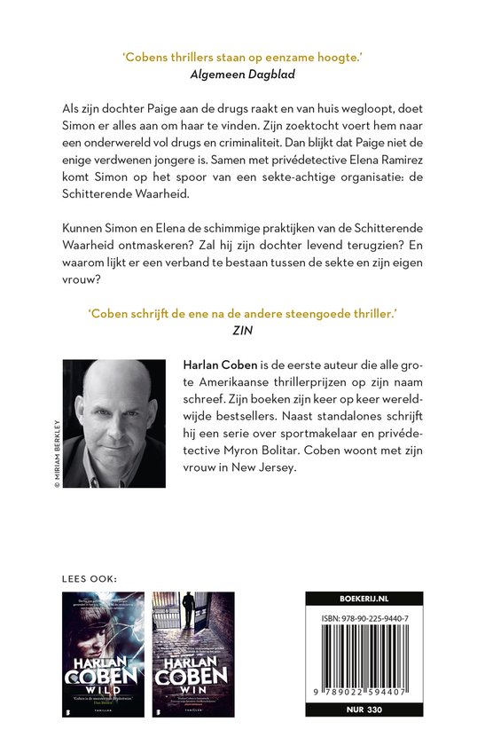 Portret van Harlan Coben met in de achtergrond een recensie van zijn boek en een foto van twee boeken.